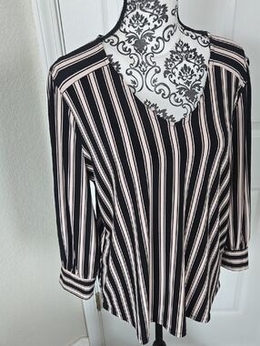 Adrianna Papell Black and Blush Striped V-Neck Blouse